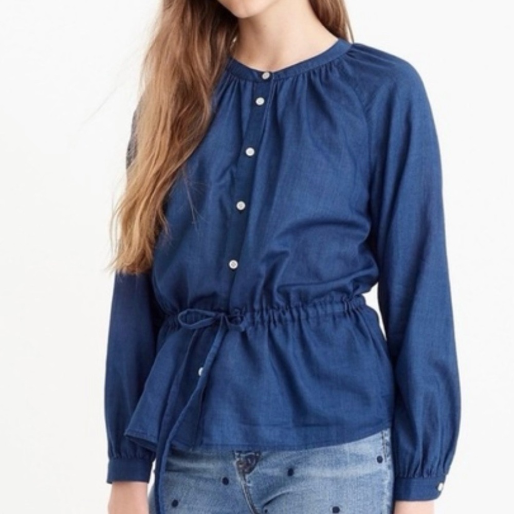 J. Crew Cotton Voile Indigo Cinch-Waist Top Size M/L